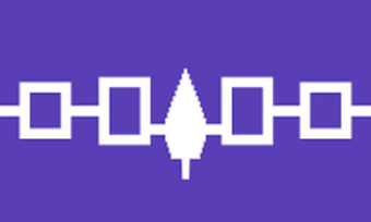 The Haudenosaunee Confederacy flag has a purple background and contains two hollow white boxes, a white pine tree, and two more hollow white boxes, lined up horizontally across the flag and connected with a white line.