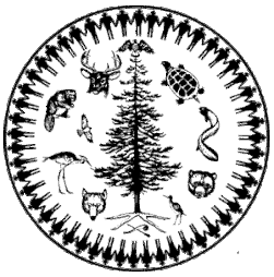 The logo is a circle with a layer of people holding hands around the inner edge. Another concentric circle inside of that one consists of animals including a turtle, beaver, bear, and many others. In the center is a large conifer tree, and atop the tree is an eagle with their wings spread.